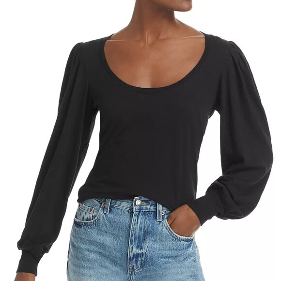 PAIGE Sylvie Scoop Neck Puff Sleeve Tee – Size M, Black - Picture 1 of 10